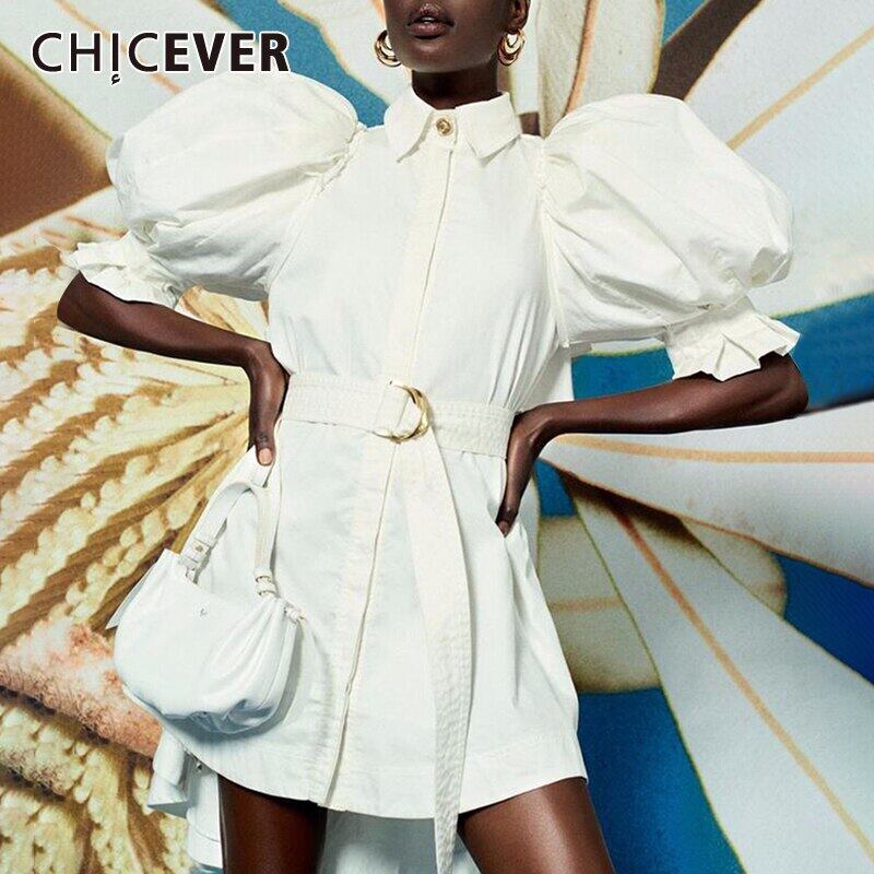 CHICEVERホワイトプリントレディースドレスラペルカラーパフスリーブウエストサッシ付きヴィンテージドレス2020 ビンテージ 6base59523354994