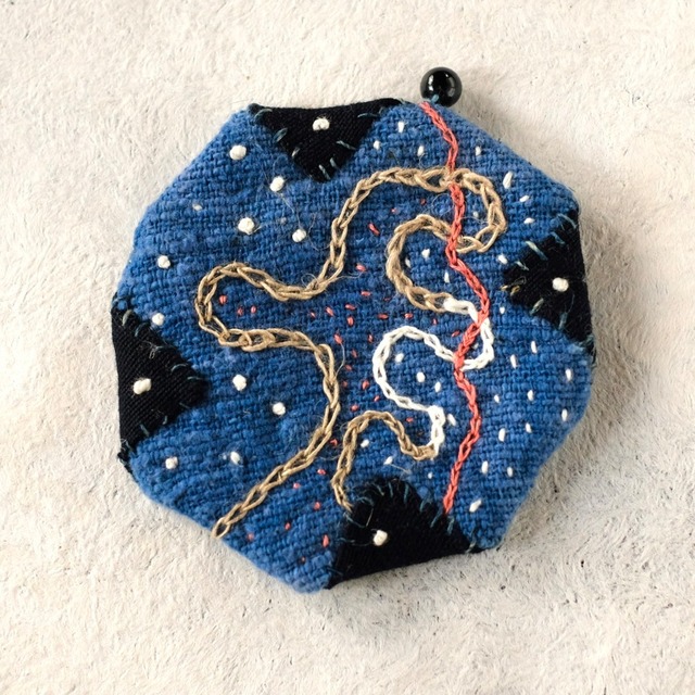 手ししゅうコースター「宇宙２」藍染手織綿と黒水晶　小