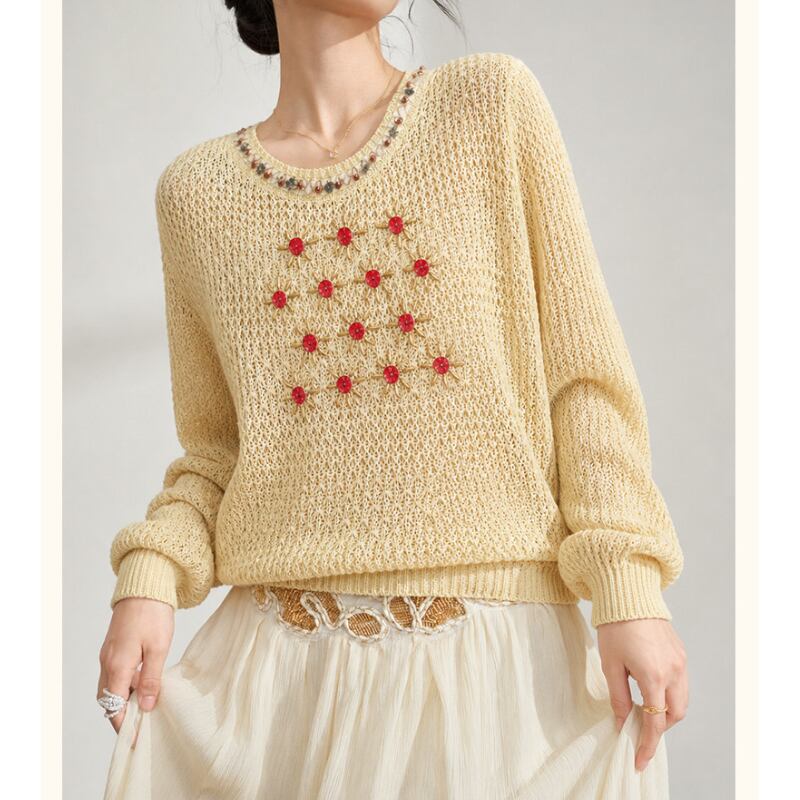 Yellow Bead-Trim Sunburst Sheer Knit S0258