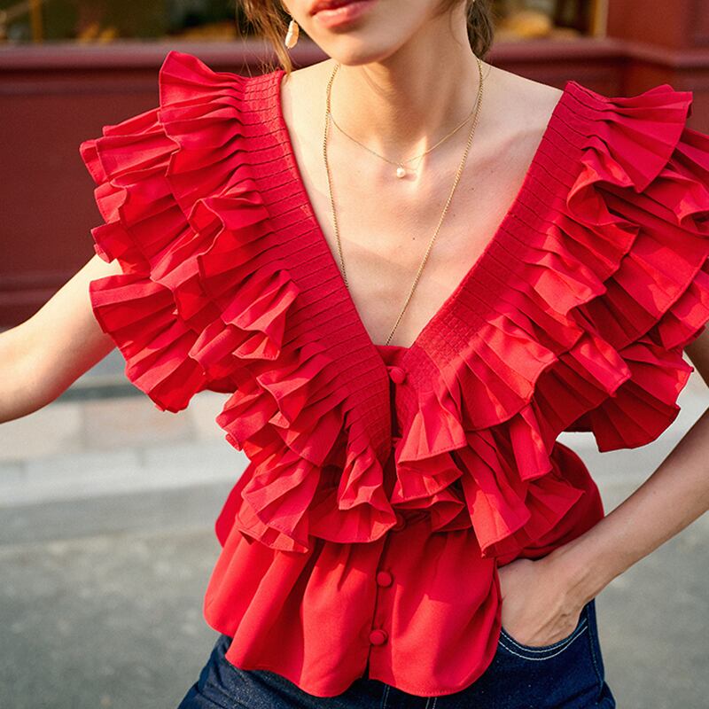 赤いパッチワーク フリル シャツ女性 V ネック半袖シャーリング スリム