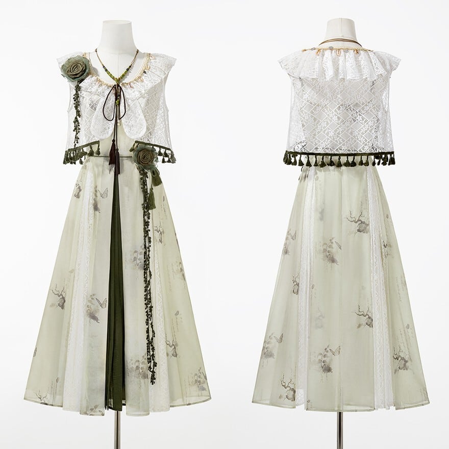 蝶プリントのセージグリーンロリィタ｜ボレロ付きロングドレス