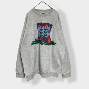 【SUN SPORTSWEAR】ペルー製 ブーツ クリスマス 靴 プリント スウェット トレーナー プルオーバー グレー 裏地パイル編み M US古着