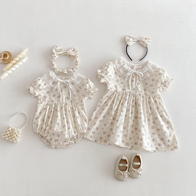 【姉妹服】夏新作　レース花柄ロンパース/ワンピース