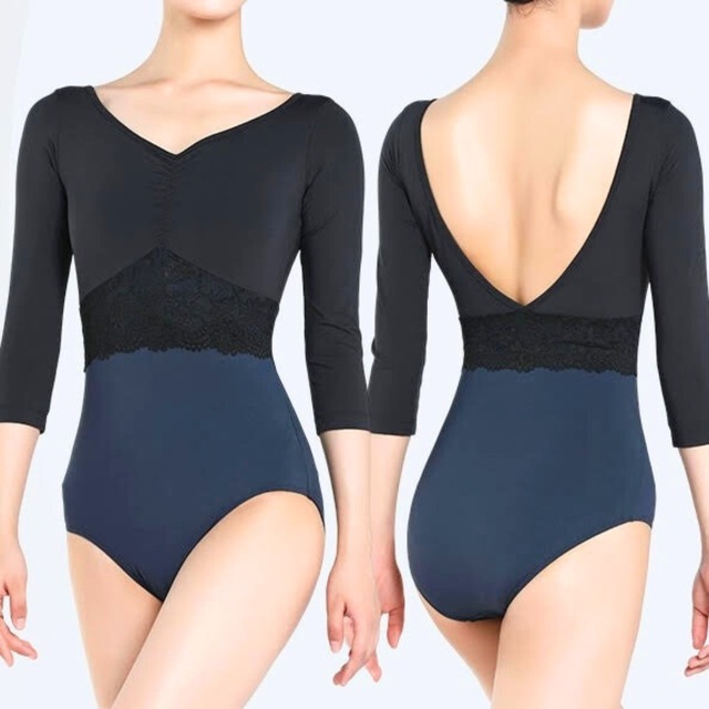 センターレース Vネック スリーブレオタード 2色展開 L1280