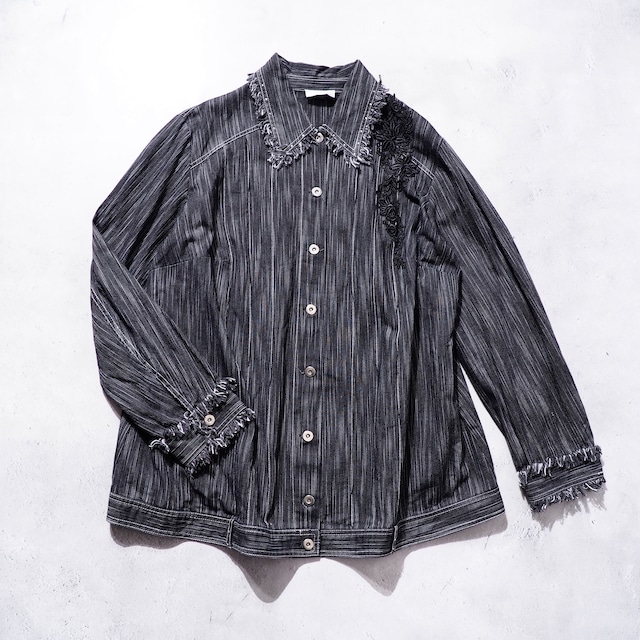 Black mode Fringe × Fower embroidery vintage loose jacket