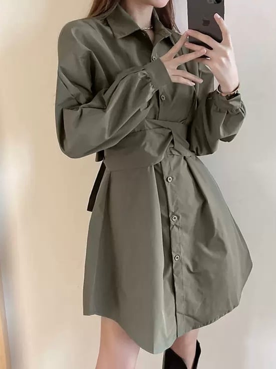 大人のこなれ感満載コーデ ミニシャツワンピース×ショートパンツセットアップ 2点セット 長袖 リボン きれいめ おしゃれ 大人可愛い 大きいサイズ 韓国 CH9271