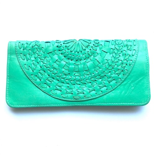 ボヘミアン 本革 レザー ウォレット(ターコイズグリーン×サークルデザイン) 財布 手帳ケース パスポート入れ【バリ島直輸入】