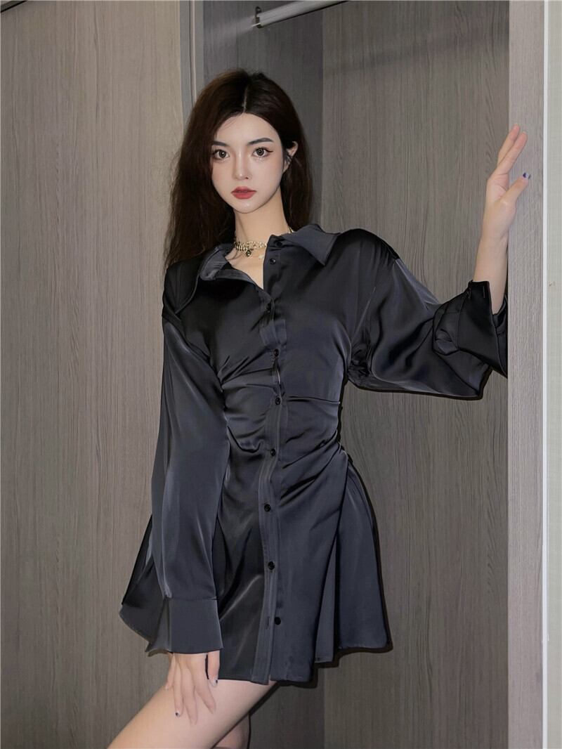 シャツ ドレス ブラックウェストカラーショートスカート オータム ロング 秋物 ブラックストロベリース98166781712