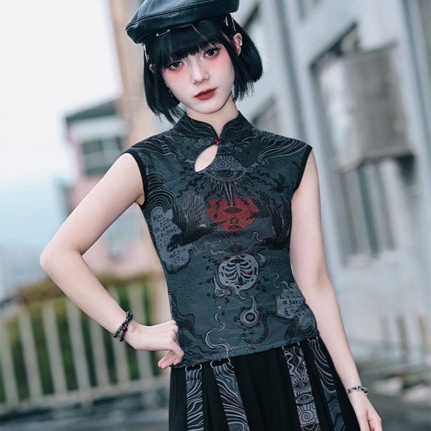 中華ゴシック ノースリーブトップス チャイナ襟サブカル参戦服
