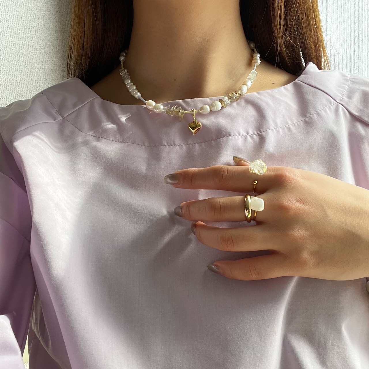 [ ルチルクォーツ × 天然クォーツ ］淡水パールネックレス ［GSN055］