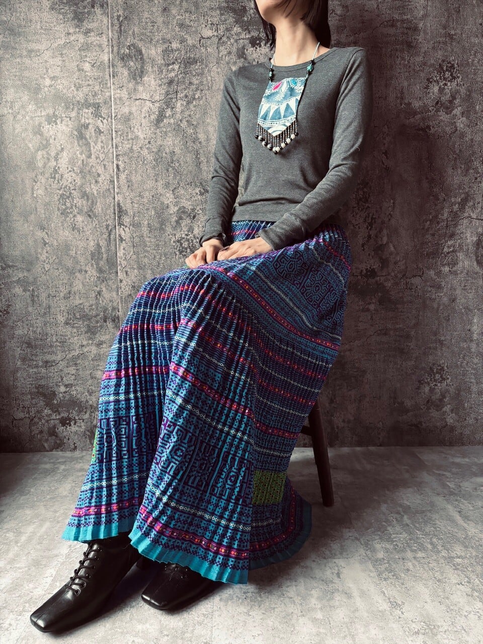 モン族スカート 077 ロング 刺繍 上下組合せタイプ bamiオリジナル