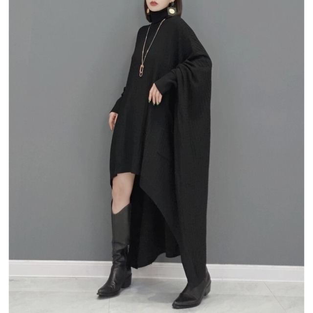 Asymmetric turtleneck knit one-piece【2color】 C1386