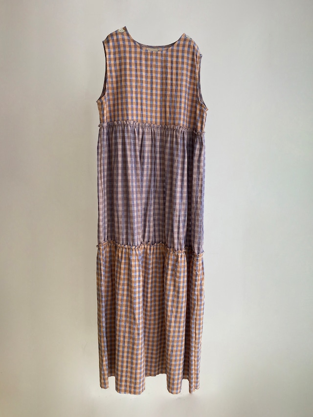 Sleeveless dress with a color scheme "purplel & brown check" khadi cotton