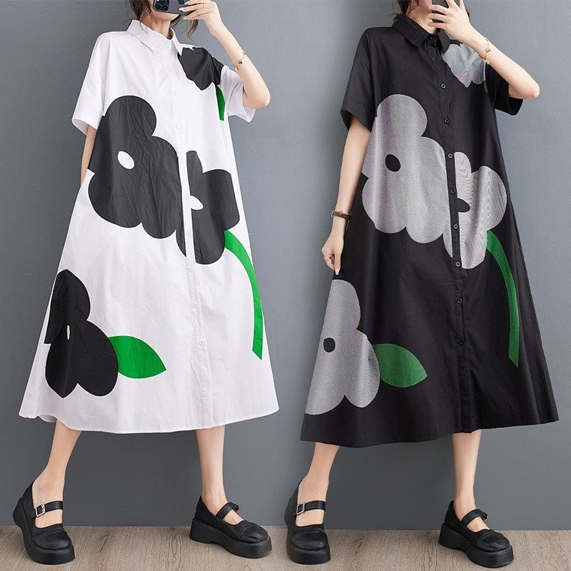 FLORAL PRINT LOOSE SHORT SLEEVE SHIRT DRESS M-17568