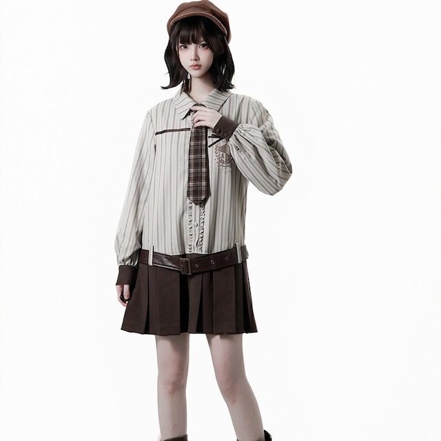 ベルト付きプリーツ切替 スチームパンクロリィタドレスシャツ（ストライプ×ブラウン）