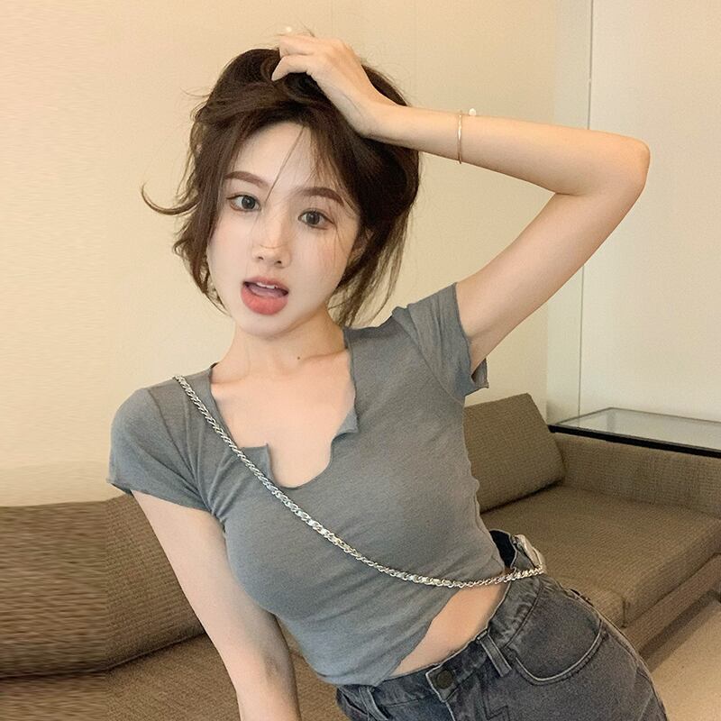 カラーニットショートTシャツ サマースリムクロップドトップス 夏物 試着室75258925801