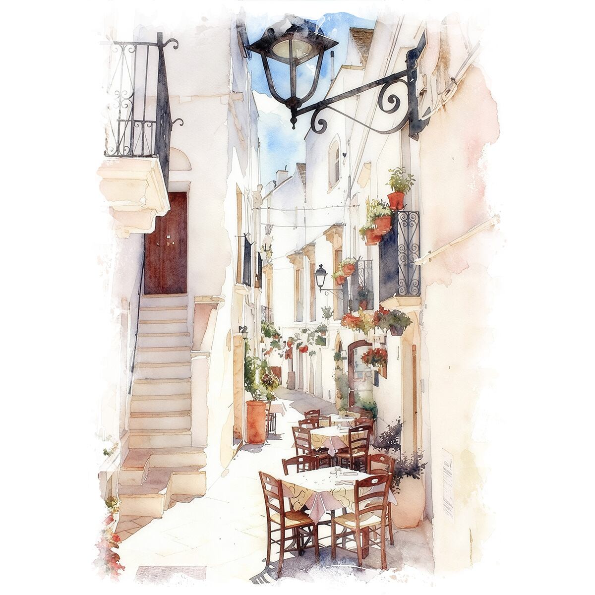 絵画 イタリア 風景画(街並み) プーリア州ロコロトンドの美しい街並み インテリアアート額付き 水彩画・油絵調 WAT0287