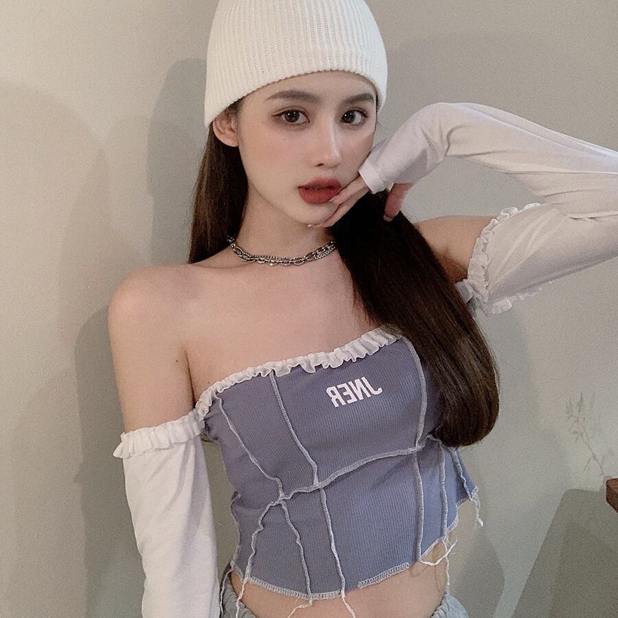 センスショルダー長袖Tシャツ女性2020年秋新しいセクシーなショートクロップドスリムスリングトップイン ドラファッションホール2388276780