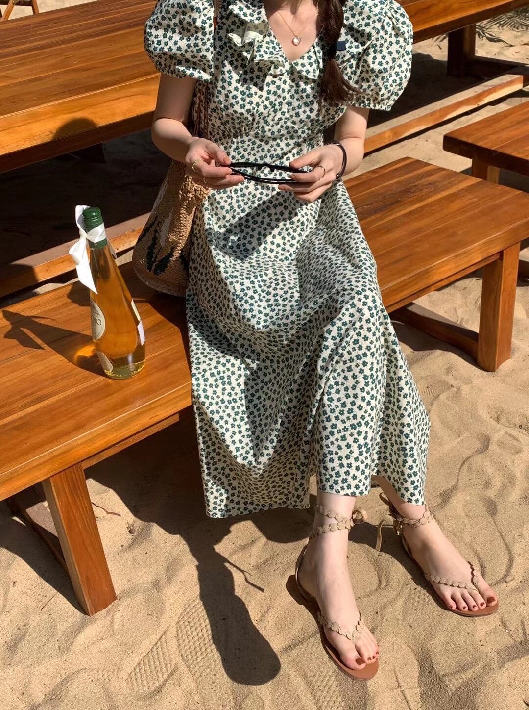 フローラルドレス レディースサマーウェストVネック半袖スリーブ薄手スカート ショート ハーフスリーブ 夏物 花柄 ビッグFスモールZ韓国10208786950