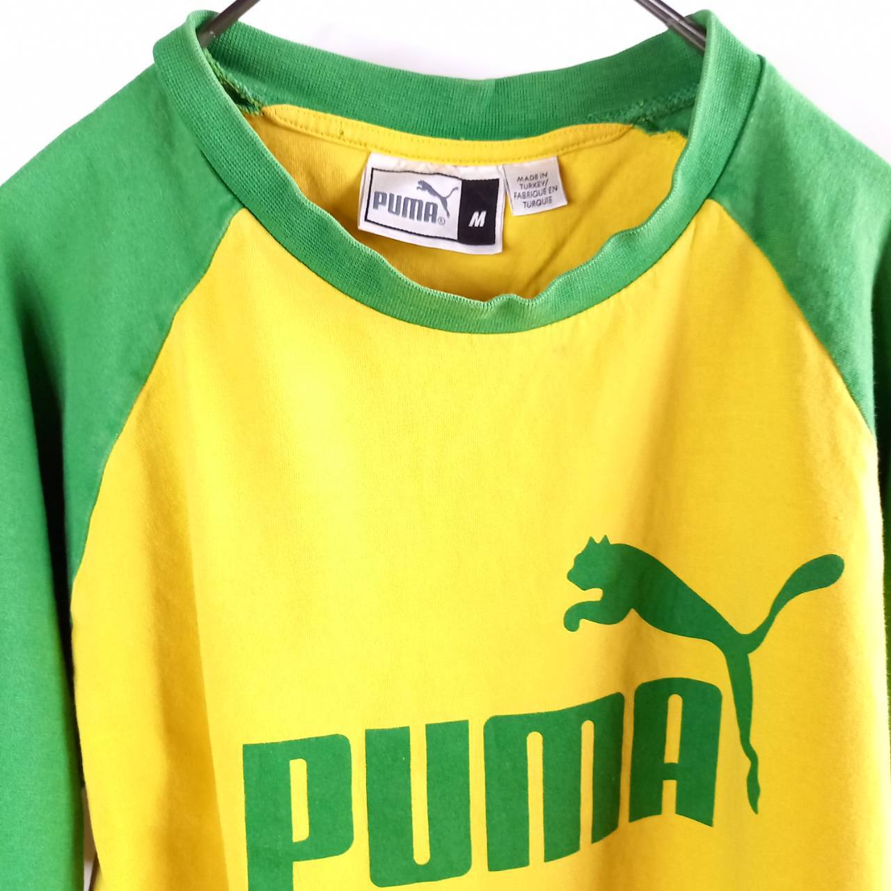 90s オールド プーマ ラグランTシャツ 半袖 プリント ビッグロゴ 黄色