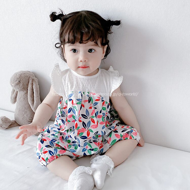 60 90 ロンパース フリル 花柄 全２色 ベビー 韓国版 韓国子供服 女の子 男の子 キッズ 子供服 Q Toworld キュートワールド 子供服