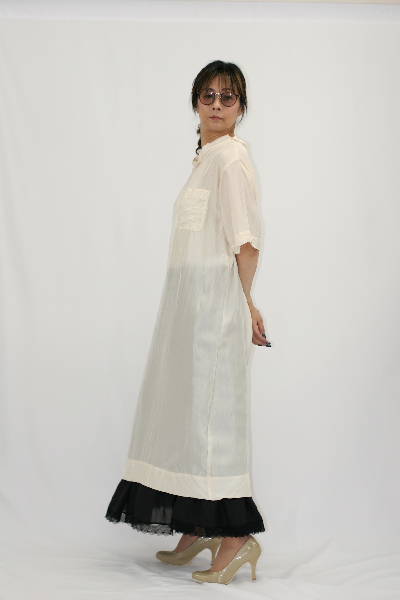TOWAVASE(トワヴァーズ）Souplesse silk long T-shirt シルク羽二重 ワンピース /black・renga・ivory