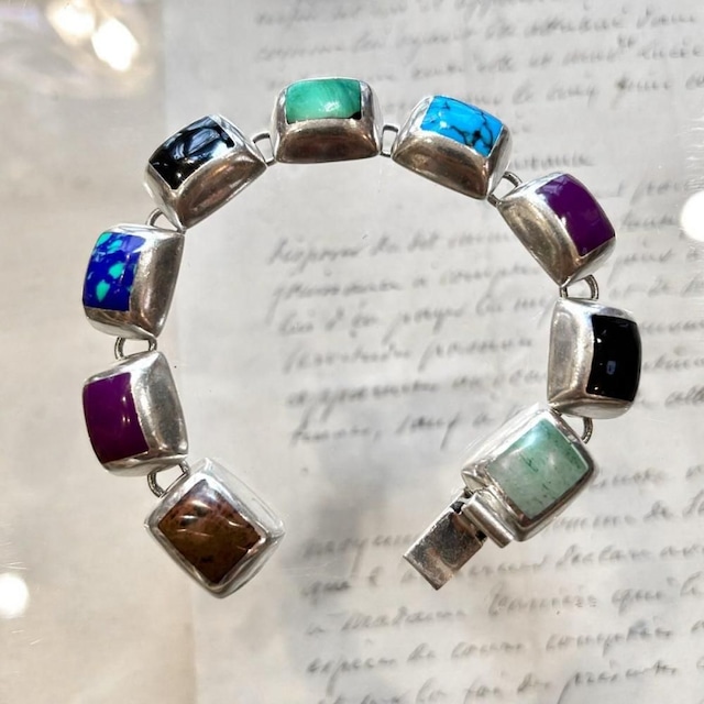 Vintage Taxco Stone Silver Chain Bracelet [MEXICO TAXCO SILVER & Multi Gems] Square Heavy Design