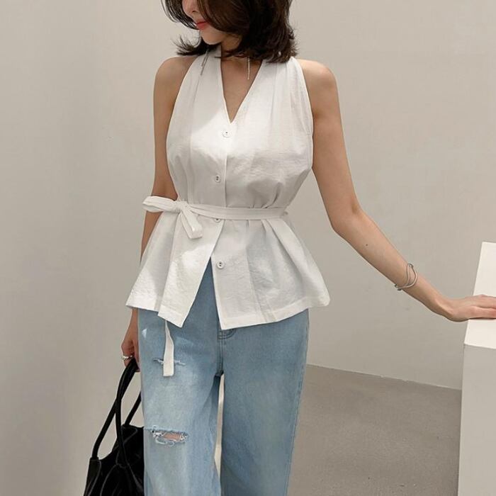 Vネック ウエスト ベルト トップス 3412731