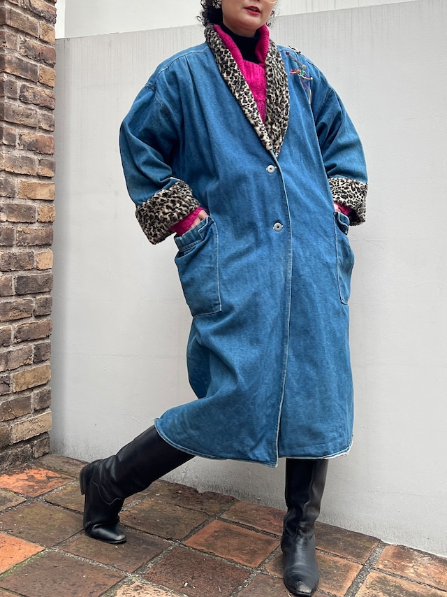 80s-90s Leopard eco fur × denim long Coat