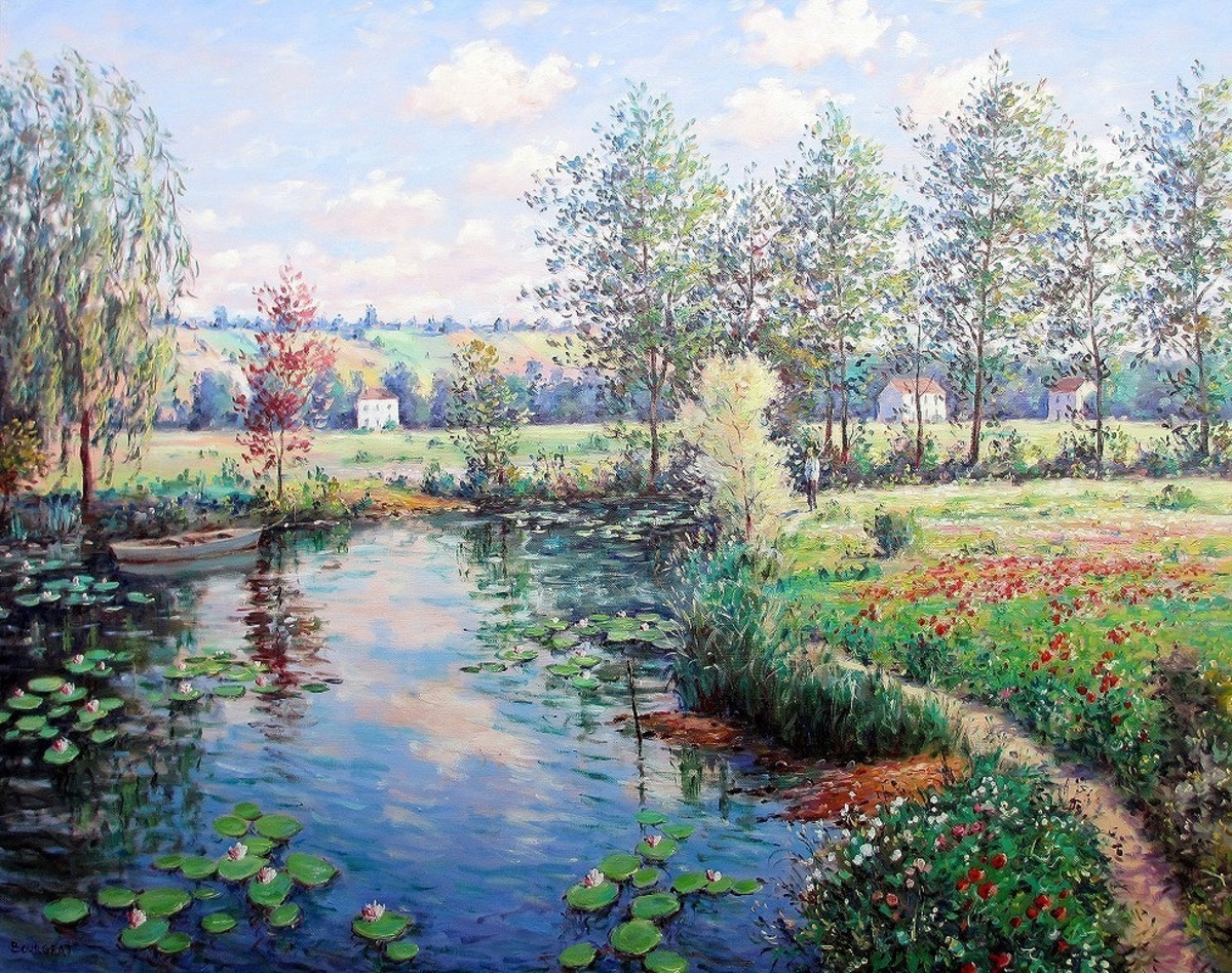 ソワジック 絵画 油画 フランス 川辺の花咲く野原(ﾌﾞﾙﾀｰﾆｭ） | champ 