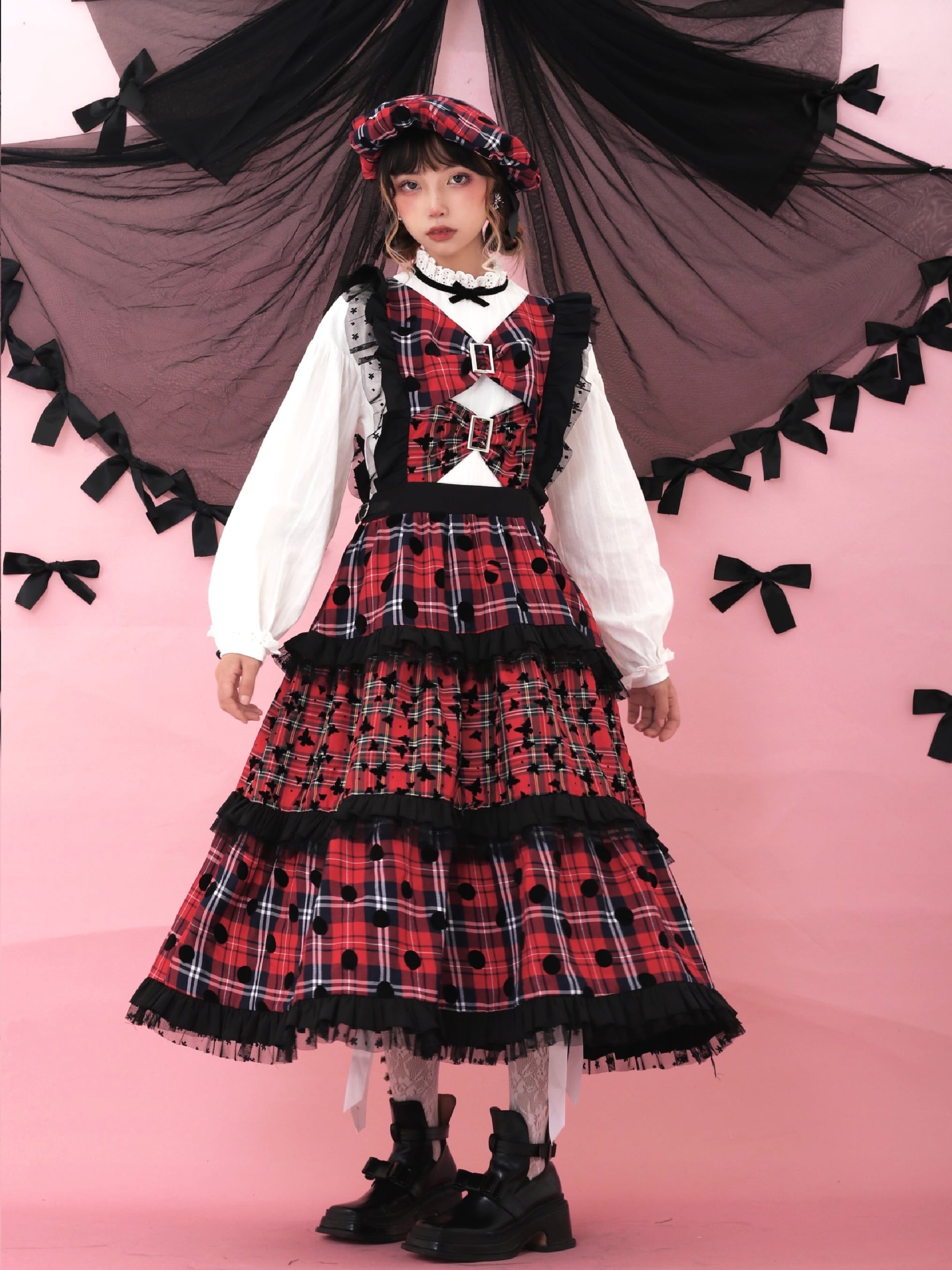 赤】チェック 水玉 ドット チェック モード イギリス 黒 ワンピース