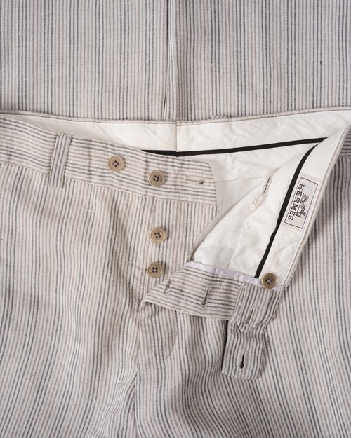 [00's] "Hermès" Linen＆Cotton Stripe No-Tuck Trousers (Made in Italy / Designed by Véronique Nichanian)