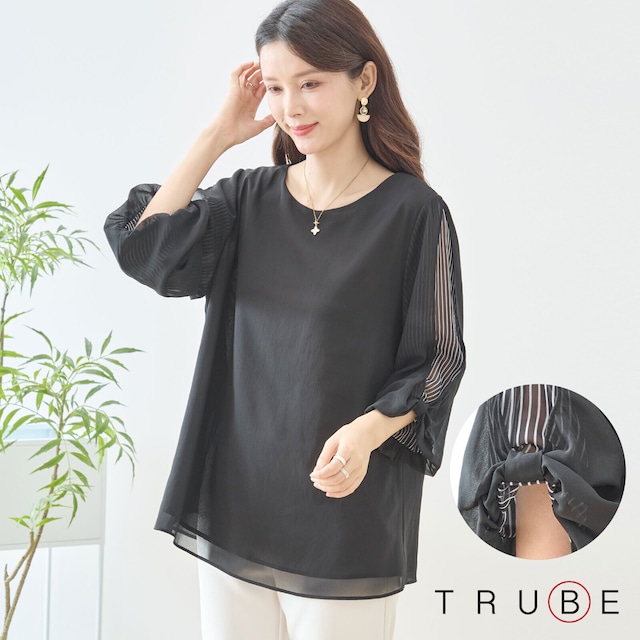 TRUBE シアー袖ストライプ切替シフォンブラウス【L~LL】ブラック
