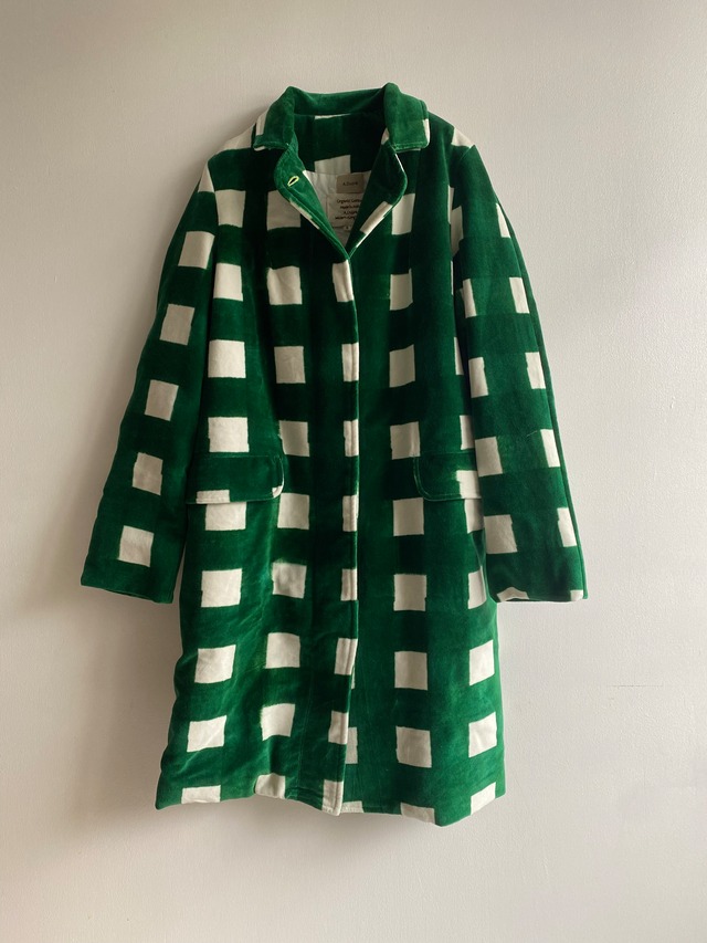 Two style sleeve coat "block print big size gingham check green" cotton velvet