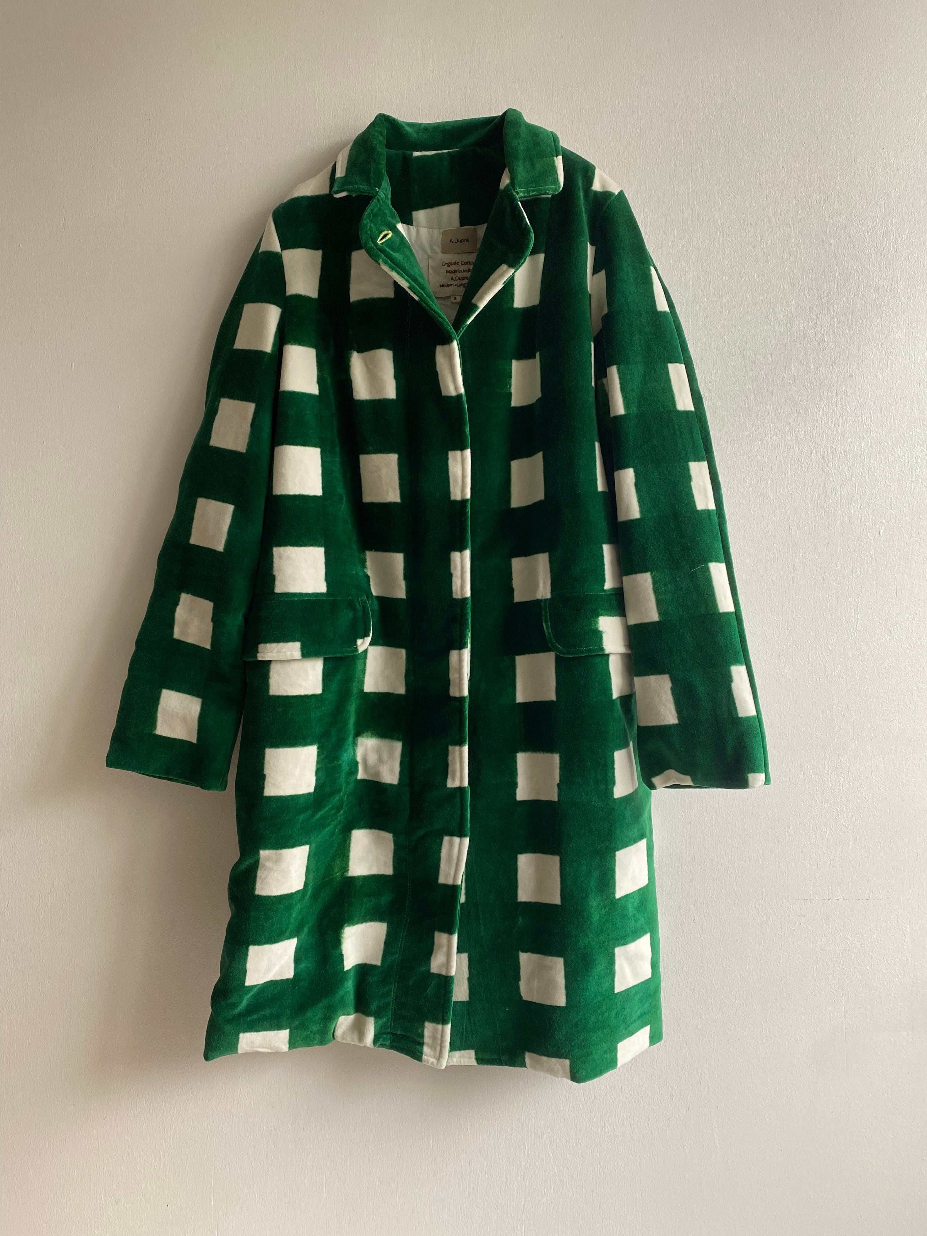 Two style sleeve coat "block print big size gingham check green" cotton velvet