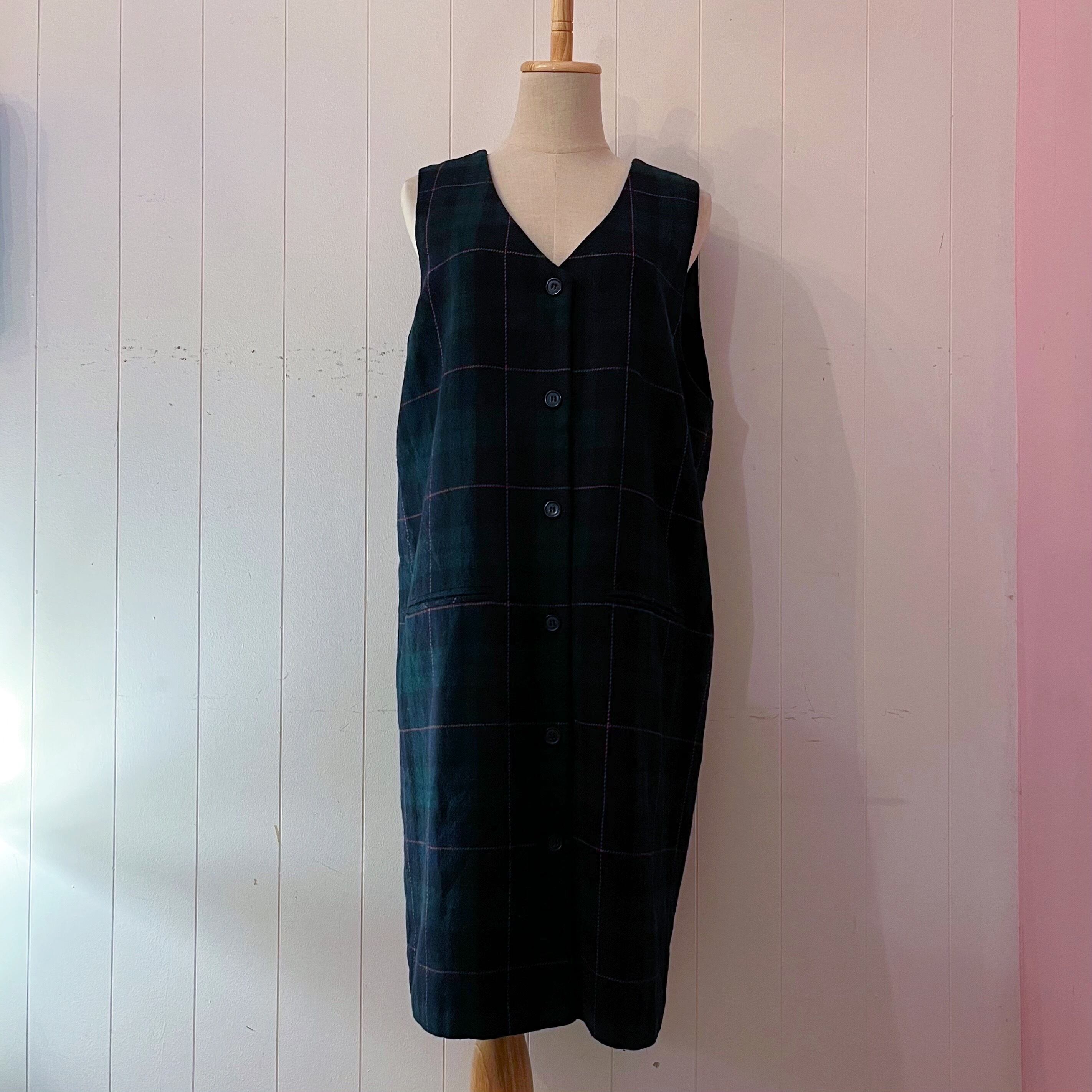 green chek front button jumper skirt