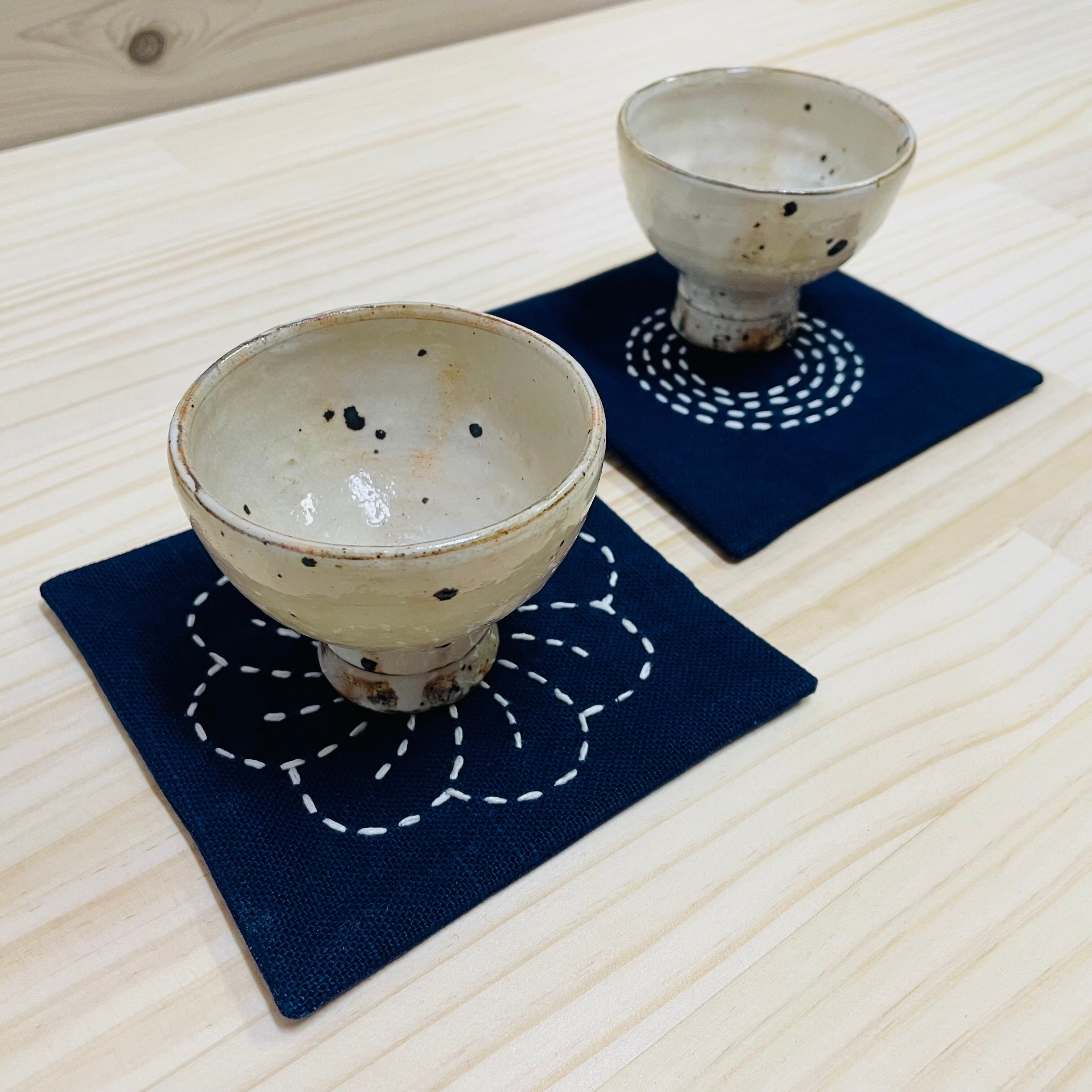 【未使用】青雲染 蓮の花 藍染テーブルランナー+コースターセット 手刺子の藍染コースター【5枚セット】 | 紺屋そめかひ online shop