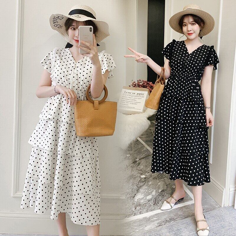 【新作】【送料無料】 8009＃マタニティ服サマーVネック水玉イージーマッチングルーズミッドロングドレス妊婦ママドレス 夏物 AL expec353381099688