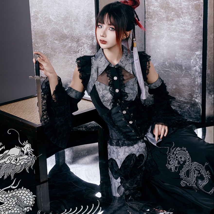 ゴスロリ チャイナドレス ドラゴン 刺繍 ロングスカート フィッシュ