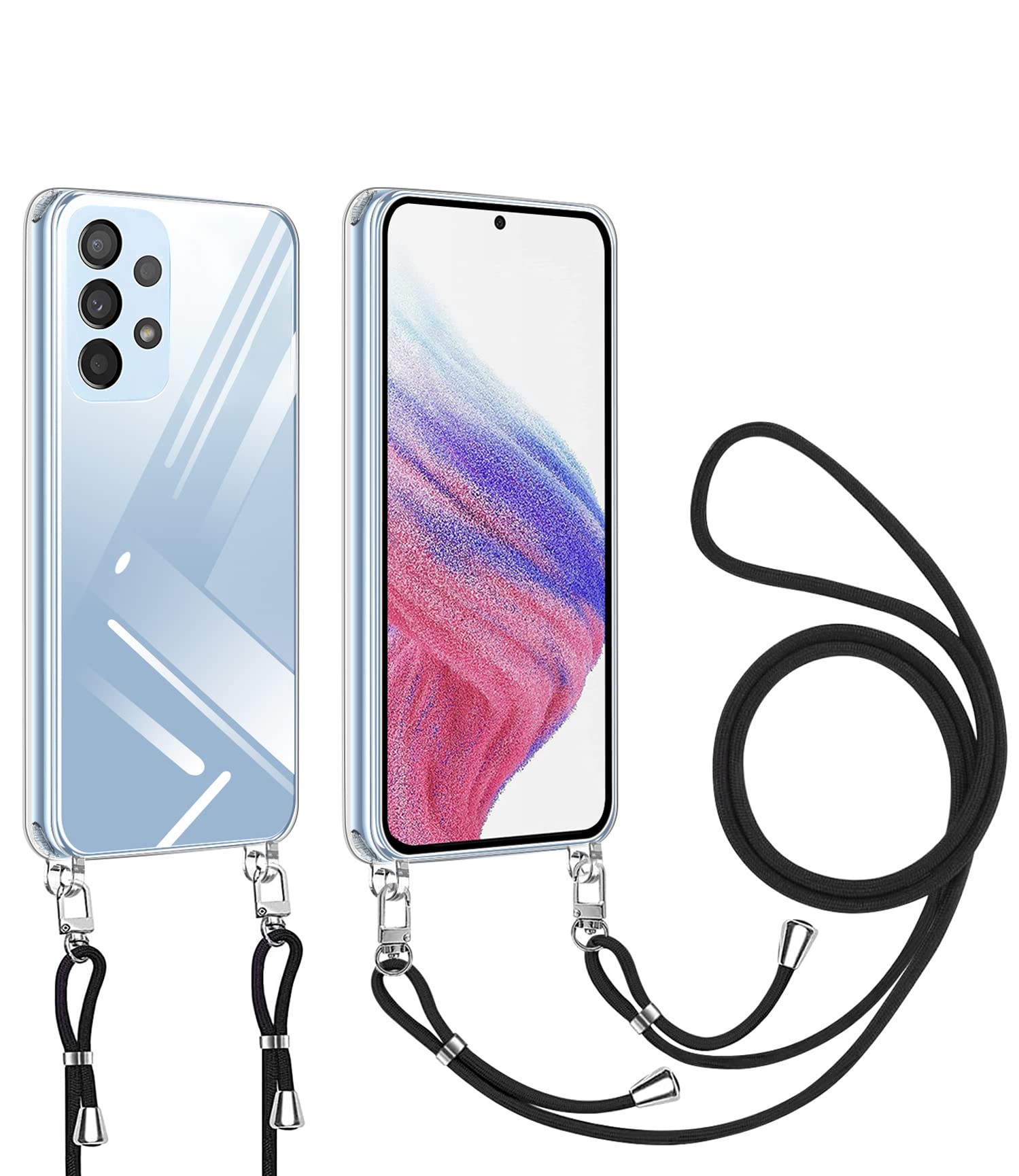 Galaxy A53 用 ケース クリア ショルダー Galaxy a53 SC-53C SCG15 用 スマホケース ギャラクシーA53 カバー 肩掛け 斜めかけ 縄掛け 透明 PC+ TPU ストラップ付き 携帯ケース 薄型 軽量 耐衝撃 長さ調整可能 取り外し可能 ネックストラップ ショルダー 落下防止 紛失防止 Qi急速充電対応 ワイヤレス充電対応 (クリア)