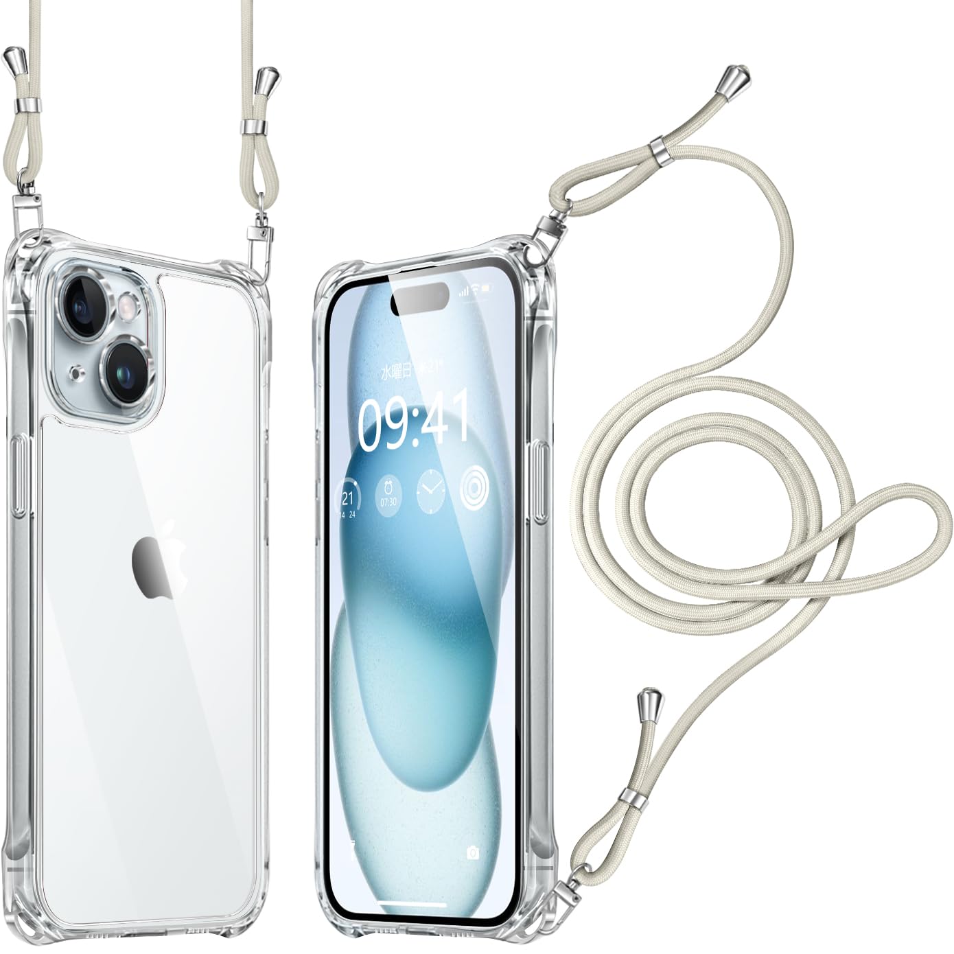 Montue for iPhone 15 ケース ショルダー クリア 耐衝撃 レンズ保護 アイフォン15 スマホケース 肩掛け 首かけ 斜めがけ 縄掛け カバー 調節可能な 透明 落下防止 縦/横 紛失防止 2WAY (ホワイト)