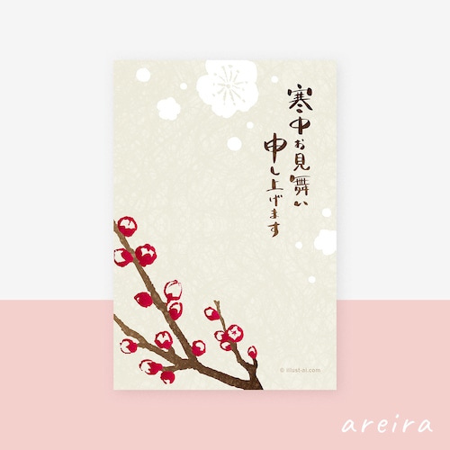 【寒中見舞い】落ち着いた配色の梅の花のイラスト