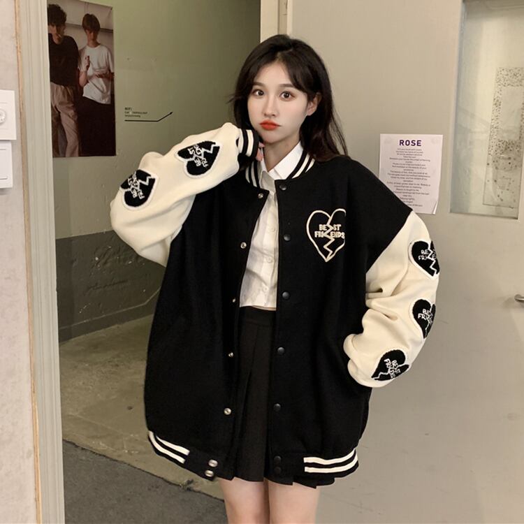 スタジャン アウター ハートモチーフ カジュアル アメカジ Bf風 オーバーサイズ 大人可愛い 韓国ファッション Luluca 韓国トレンドファッションluluca ルルカ
