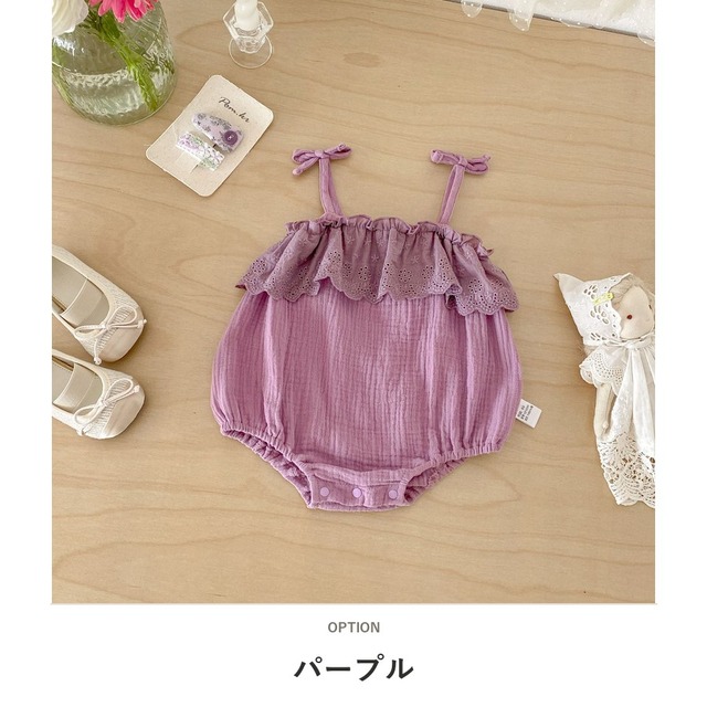 【BABY】肩リボン甘めレースフリルキャミソールロンパース - 3