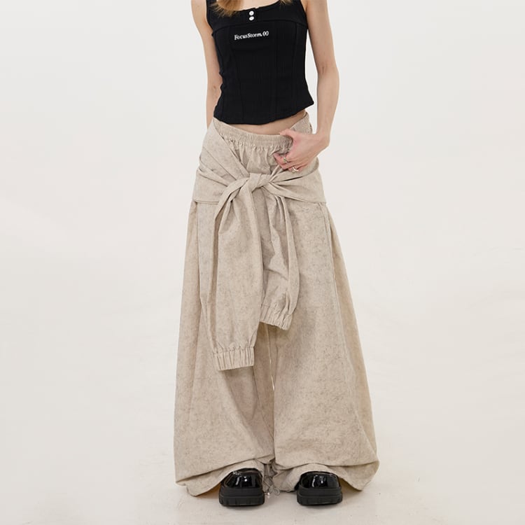 ベルト風デザイン ワイド フルレングス パンツ L00106