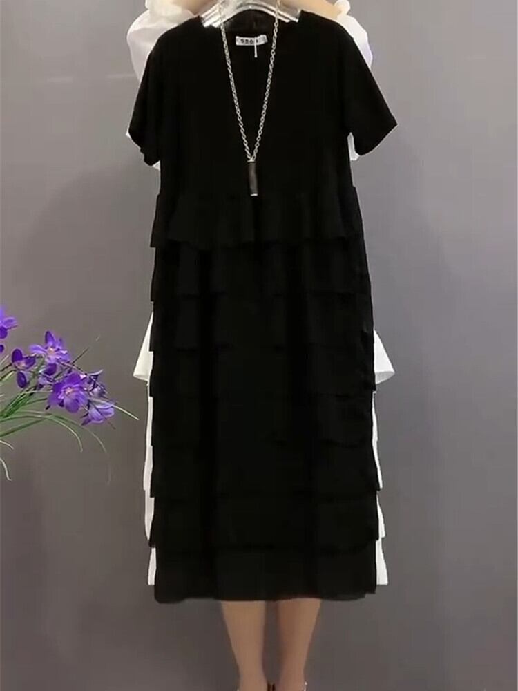 スプリングラウンドネックメッシュ半袖スリーブドレス サマー ハーフスリーブ 大きめサイズ 春物 夏物 Oネック ミックスインファッション6068109072