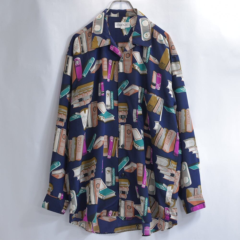 90s～ FIRENZE アートデザイン 本総柄 シルク オープンカラーシャツ