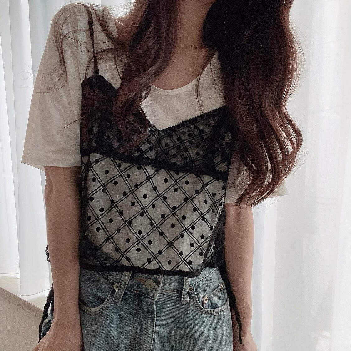 Sheer lace cami/ white,black(4月中旬頃発送予定)