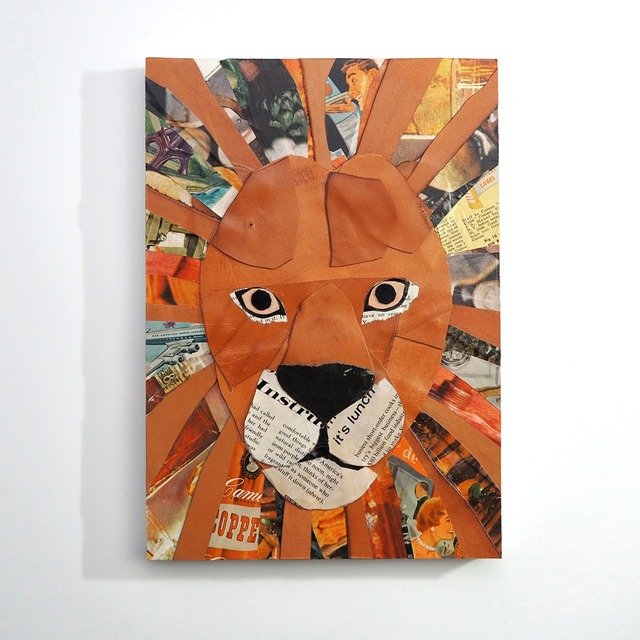 Leather collage art (lion) A4 size wooden panel