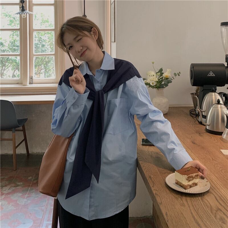 コントラストシャツレディースニッチ2020年秋新バージョンルーズBFオールマッチミドル丈長袖トップス クレセントシティ10266842617